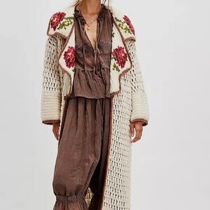 Free People One Brinley Long Floral Rose Hand-Knit Crochet Women Maxi Sweater